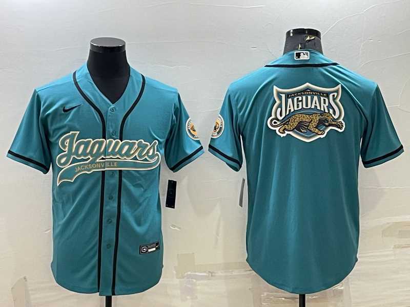 Men%27s Jacksonville Jaguars Teal Team Big Logo With Patch Cool Base Stitched Baseball Jersey->jacksonville jaguars->NFL Jersey